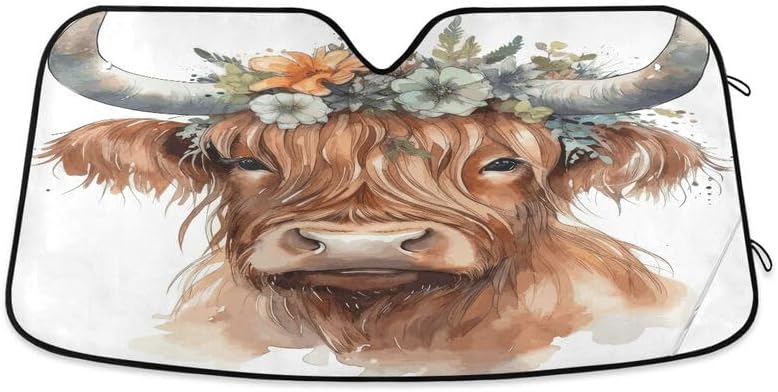 Cute Highland Cow Windshield Sun Shade Flodable for SUV Trucks Car Watercolor Universal Accordion Folding Auto Front Window Sunshade Visor Shield Cover Protector 55x27.6 in